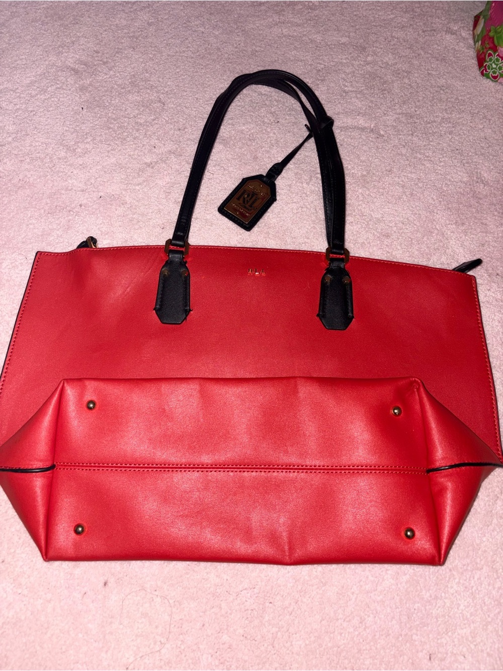 Ralph Lauren Red Tote with Black Handles and Tag Accent